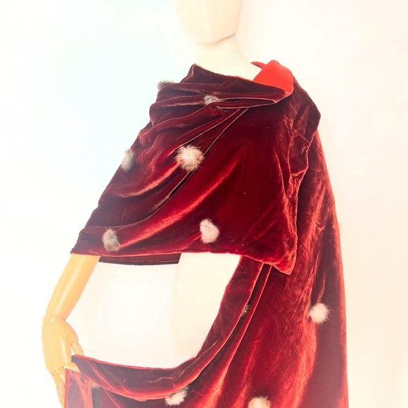 RUST SILK VELVET & SATIN 1950’s 50s Vintage Retro Vintage Rabbit Fur Shawl Wrap - Picture 11 of 16